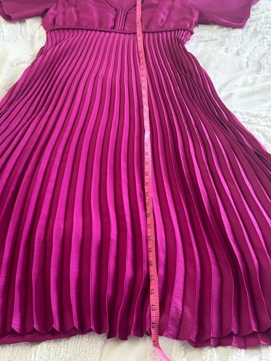 Sezane Pleated V-Neck Midi Dress in Magenta - Picture 15 of 16